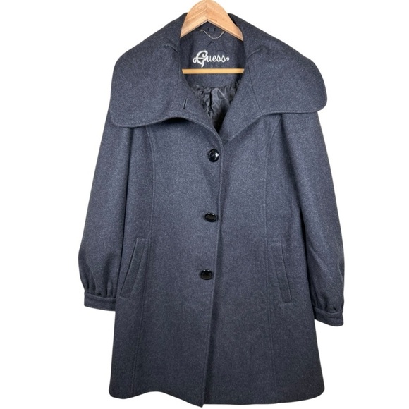 Guess Womens Large Dark Gray Wool Blend Lined Collared Fitted Pea Coat - Picture 2 of 12